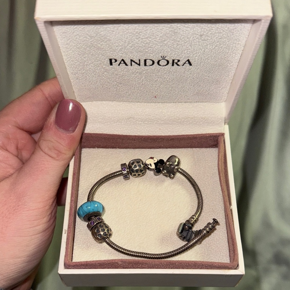 Pandora Silver Bracelet with Turquoise, Mickey Mouse and Dog Charms